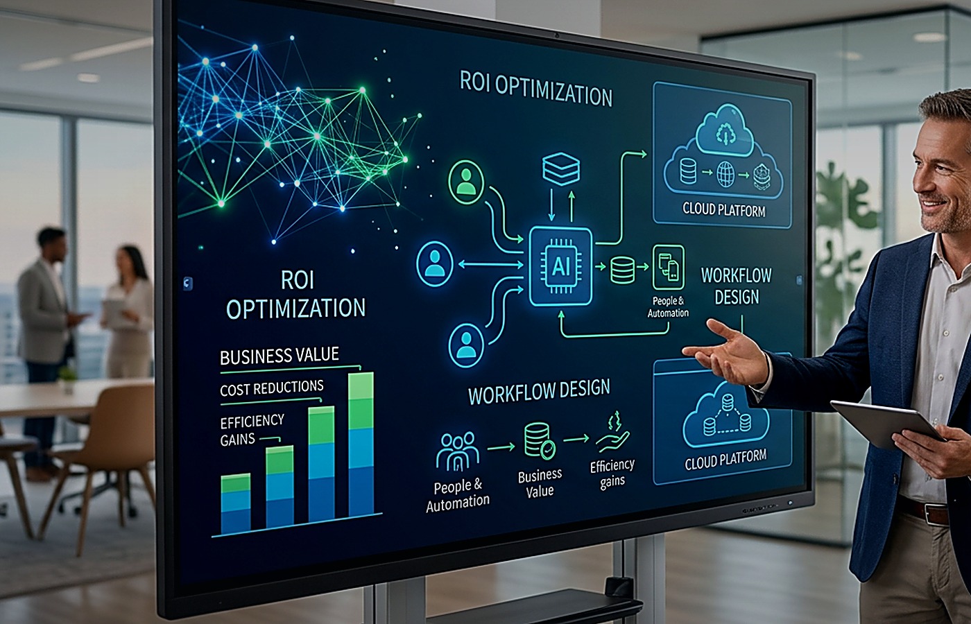 AI operating model dashboard showing ROI, workflow design, and cloud platform concepts